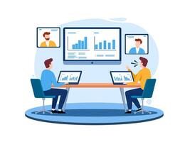 Flat illustration of two businessmen having an online meeting in a modern office. Remote teamwork with laptops and digital charts on screen. vector
