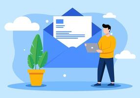 Flat Illustration of Man Checking Email on Laptop Modern Email Notification, Digital Communication and Online Messaging Concept vector