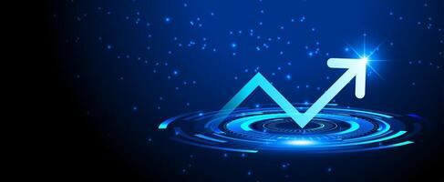 Business growth with up arrow and business analysis graph on dark blue technology background with modern light effect rings for presentation vector
