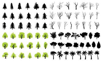 Trees silhouette big collection. pine trees, branches trees, green trees icon and silhouette palm trees symbol. vector