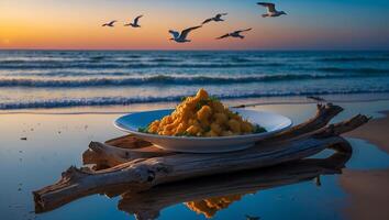 Pile of Food on Driftwood at Beach During Sunset with Birds photo