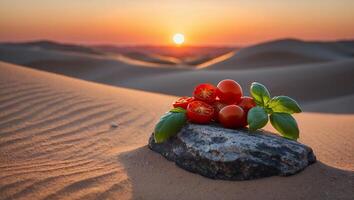 Tomatoes and Basil on Rock at Sunset Desert Landscape photo