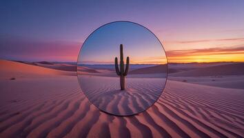 Desert Cactus Sunset Reflected in Circular Mirror on Sand Dunes photo