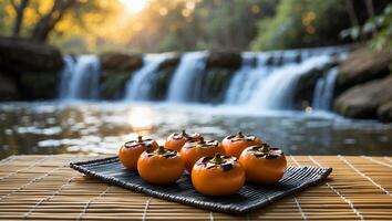 Ripe Persimmons Displayed Near Waterfall with Sunlight in Natural Setting photo