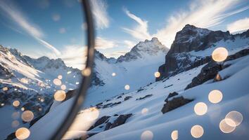 Snowy Mountains Landscape with Bokeh Lights and Clear Blue Sky photo