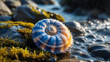 Seashell on Rocky Shoreline with Water Droplets and Mossy Rocks photo