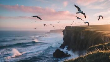 Seagulls Flying Over Cliffside at Ocean Sunset with Breaking Waves photo