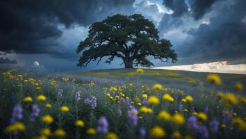 Tree Standing Tall in Field of Flowers Under Dramatic Sky photo