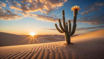 Blooming Cactus in Desert at Sunrise with Warm Light and Dunes photo