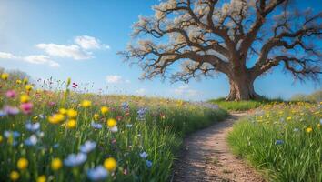 Walking Path Leading to Tree on Hill with Spring Wildflowers photo