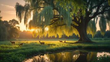 Deer Grazing Under Willow Tree at Sunrise Reflecting in Pond photo