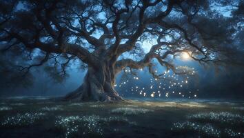 Large Tree in Enchanted Forest at Night with Glowing Lights photo