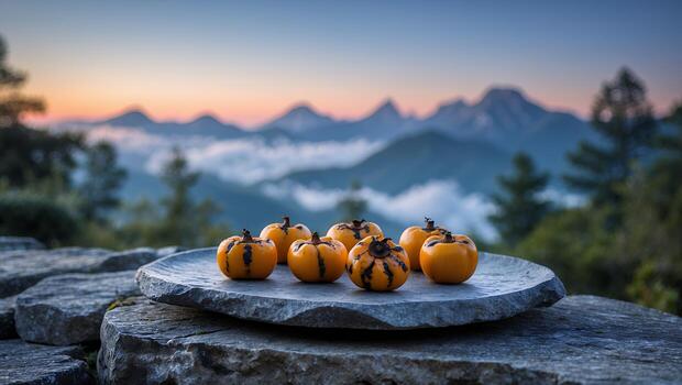 Arranging Fresh Yellow Fruits on Stone Slab with Mountain Backdrop photo