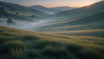 Rolling Hills Landscape with Foggy Valley and Sunrise in Background photo
