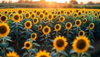 Sunflowers Blooming in Field at Sunset with Golden Light photo