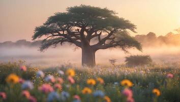 Baobab Tree Standing in Field with Wildflowers and Misty Morning photo