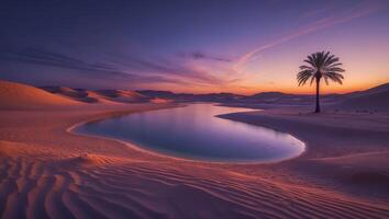 Desert Oasis with Calm Water and Palm Tree at Sunset photo