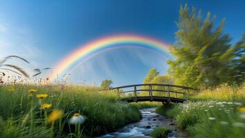 Walking Wooden Bridge Across Flowing Stream with Rainbow and Meadow photo
