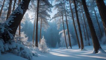 Snowy Forest Landscape with Tall Trees and Sunlight in Winter photo