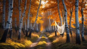 Walking Path Through Autumn Birch Forest with Sunlight and Gentle Haze photo