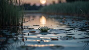 Water Lily Floating on Pond During Golden Hour with Soft Light photo