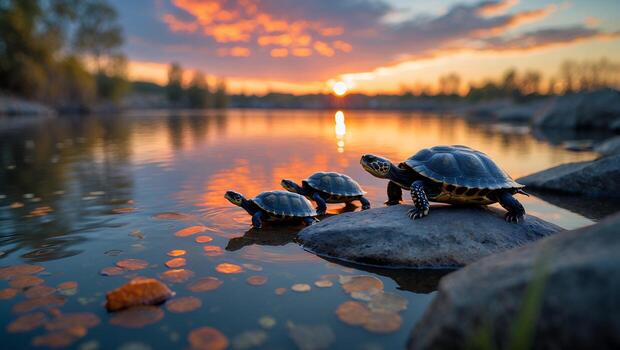 Three Turtles Relaxing on Rock in Lake at Colorful Sunset photo