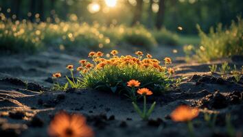 Blooming Orange Flowers in Garden at Sunset with Bokeh Background photo