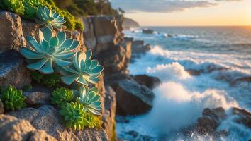 Succulent Plants Growing on Rocky Cliff Overlooking Ocean at Sunset photo