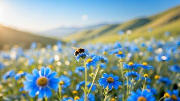 Bumblebee Collecting Pollen on Blue Flowers in Meadow at Sunrise photo