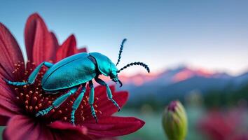 Iridescent Beetle Resting on Red Flower with Mountain View Background photo