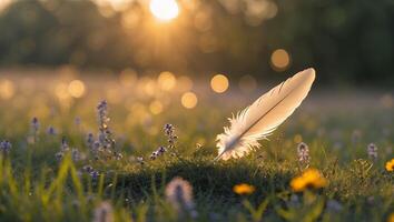 Feather Resting on Grass with Wildflowers at Golden Hour Sunset photo