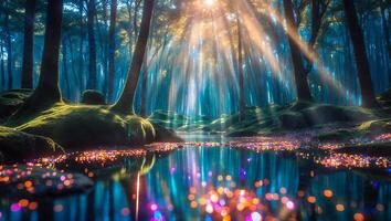 Sunlight Streaming Through Forest with Water Reflections and Mossy Rocks photo