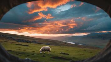 Sheep Grazing on Hillside at Sunset Framed by Stone Arch photo