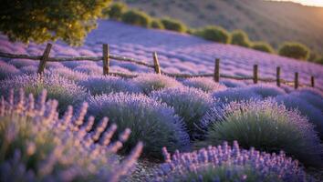 Lavender Field Blooming in Summer with Wooden Fence at Sunset photo