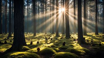 Sunlight Streaming Through Forest Canopy Illuminating Moss Covered Ground photo