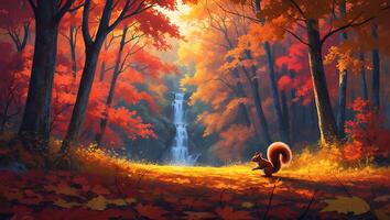 Squirrel in Autumn Forest Near Waterfall with Orange Leaves photo