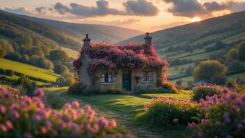 Charming Cottage Covered in Flowers with Rolling Hills at Sunset photo