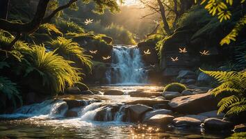 Waterfall Flowing Through Forest with Fireflies at Sunset Beautiful Scenery photo