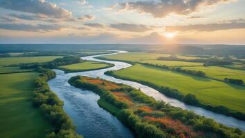 Aerial View of Winding River Flowing Through Green Fields at Sunset photo