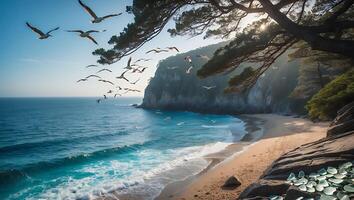 Seagulls Flying Over Sandy Beach with Ocean Waves and Cliffside photo