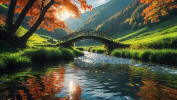 Wooden Bridge Over Stream with Autumn Colors and Green Meadow photo