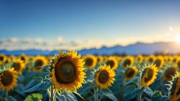 Sunflower Field Blooming Under Blue Sky at Sunset in Summertime photo