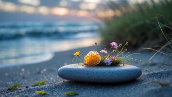 Honeycomb and Wildflowers on Pebble Beach at Sunset Serene Composition photo