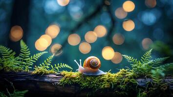 Snail Crawling on Mossy Log in Forest with Bokeh Lights photo