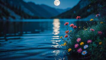 Reflecting Moon Over Tranquil Lake with Wildflowers in the Foreground photo