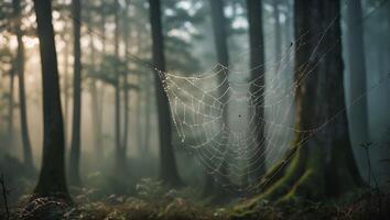 Spiderweb Covered in Dewdrops Hanging in a Foggy Forest Scene photo