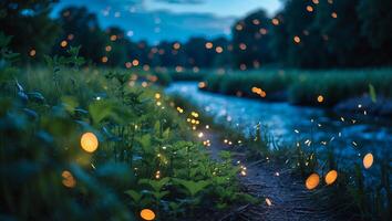 Fireflies Flying Near Creek at Night Creates Magical Summer Scene photo