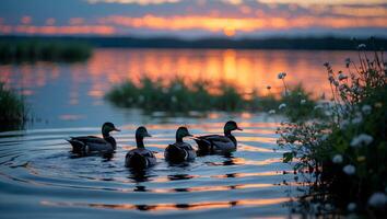 Three ducks swimming in the water at sunset photo