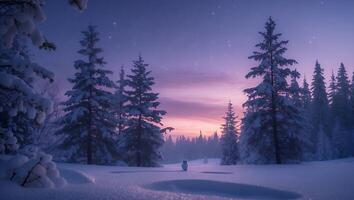 Snowy Winter Forest at Dusk with Pine Trees and Soft Light photo