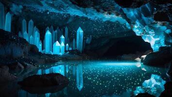 Glowing Crystal Cave with Still Water Reflection and Bioluminescent Light photo
